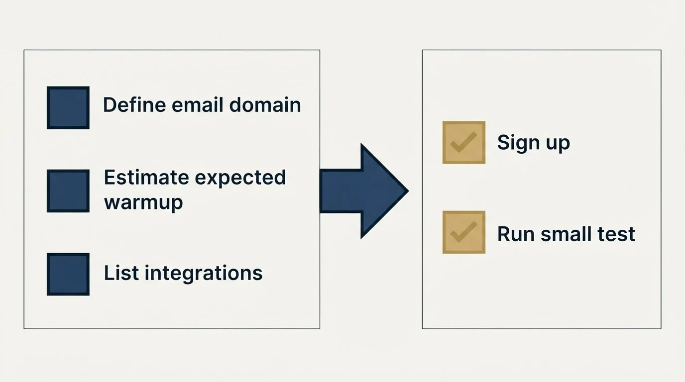Before-and-after steps: Getting Started Checklist (Define email domain, Estimate expected warmup, List integrations, Sign up)
