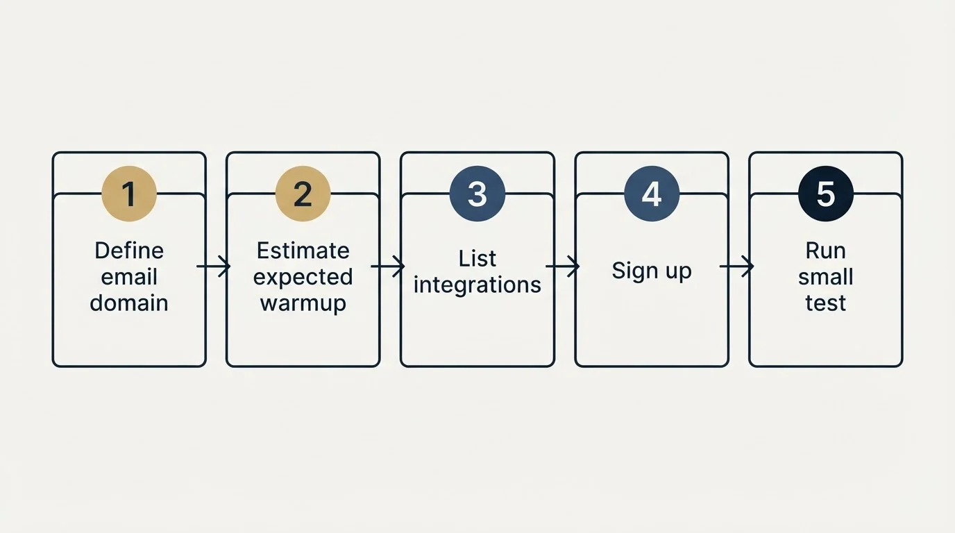 Step sequence: Getting Started Checklist (Define email domain, Estimate expected warmup, List integrations, Sign up)