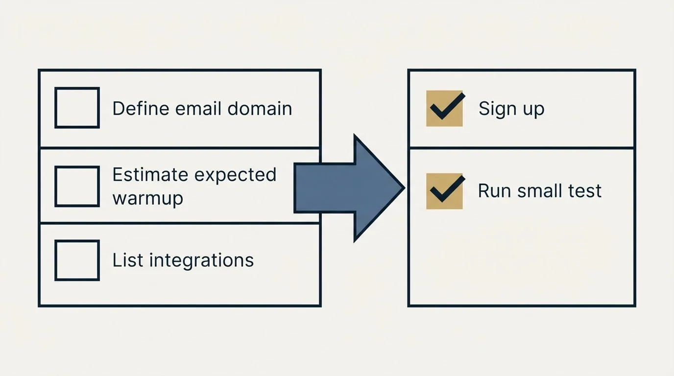 Before-and-after steps: Getting Started Checklist (Define email domain, Estimate expected warmup, List integrations, Sign up)