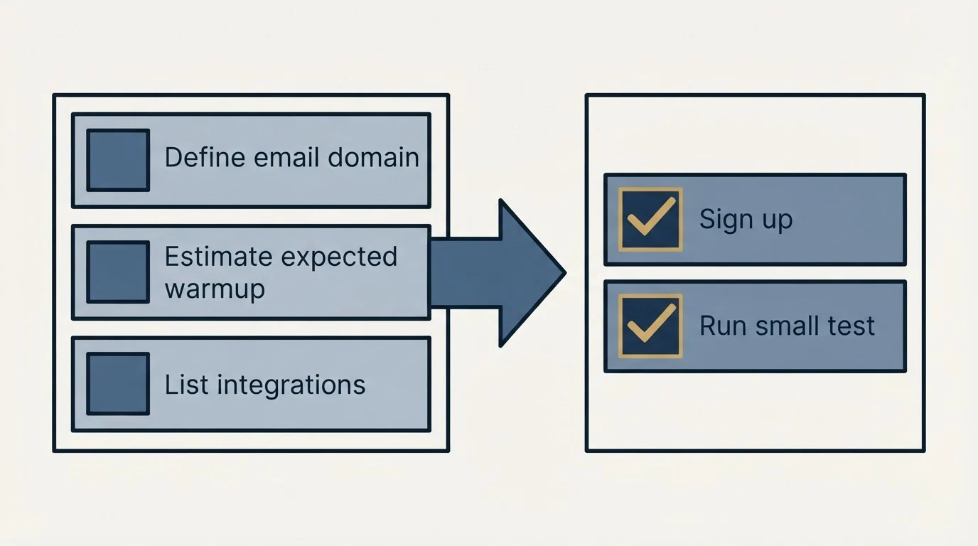 Before-and-after steps: Getting Started Checklist (Define email domain, Estimate expected warmup, List integrations, Sign up)