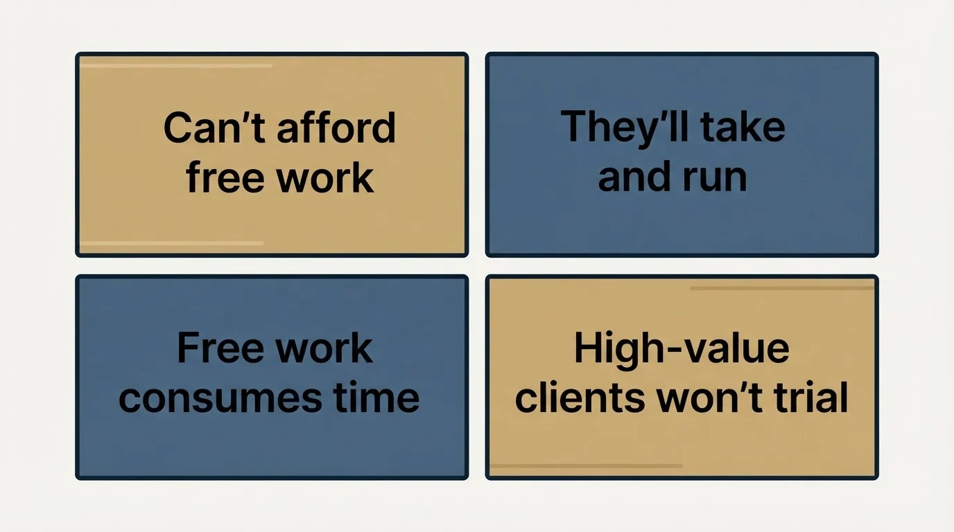 Schematic: Common Objections (Can't afford free work, They'll take and run, Free work consumes time, High-value clients won't trial)