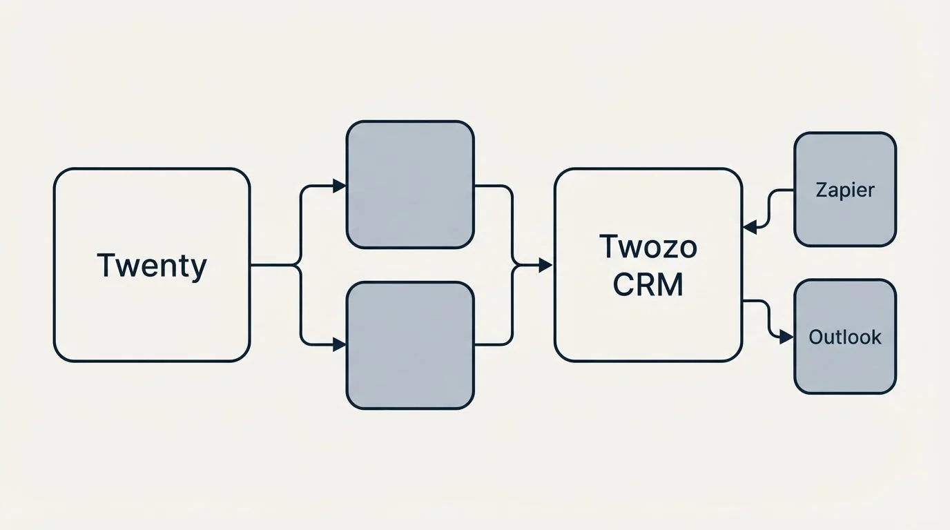 Integration schematic: Integration Ecosystem (Twenty, Twozo CRM, Zapier, Outlook)
