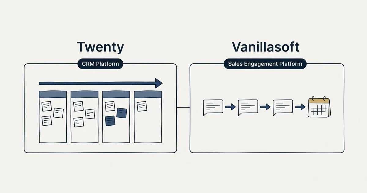 Side-by-side panels: Twenty vs Vanillasoft (CRM Platform, Sales Engagement Platform)