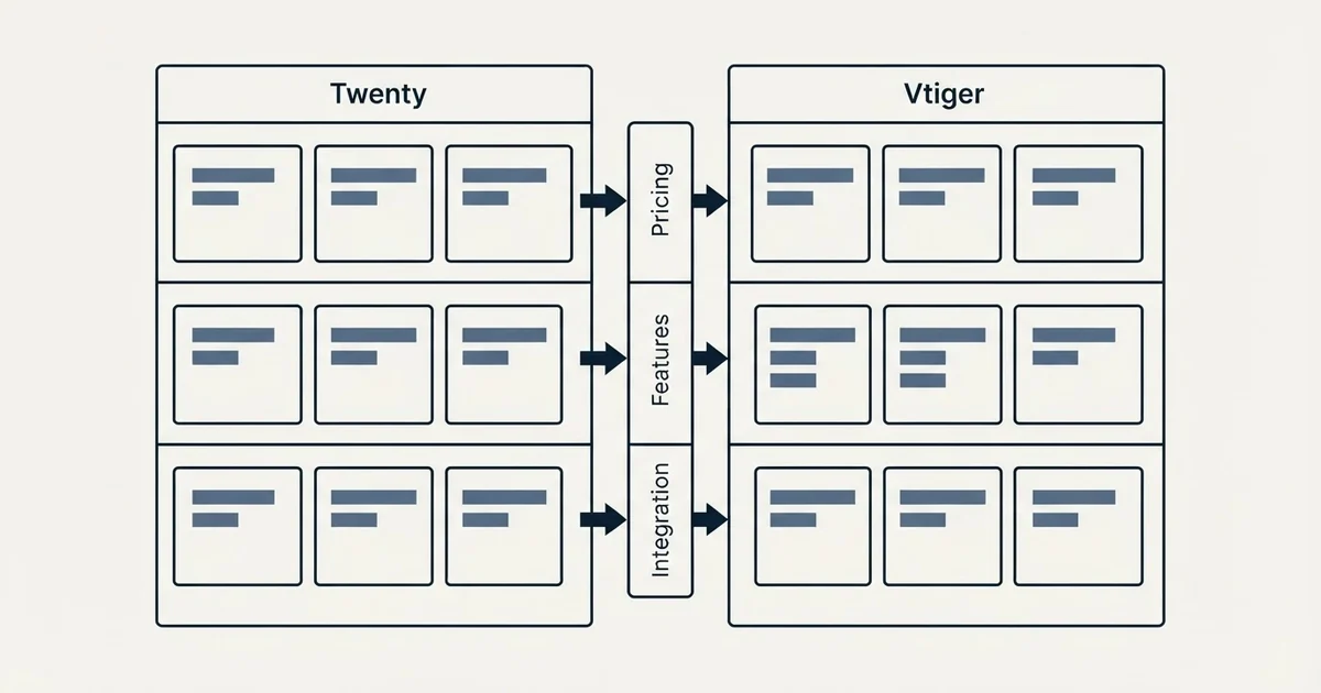 Comparison panel: Twenty vs Vtiger (Pricing, Features, Integration)