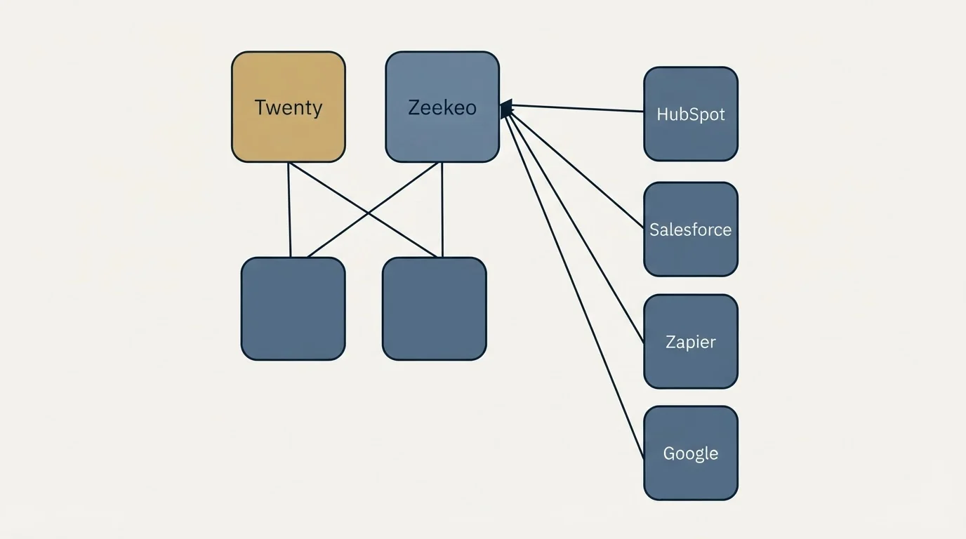 Integration grid: Integration Ecosystem (Twenty, Zeekeo, HubSpot, Salesforce)