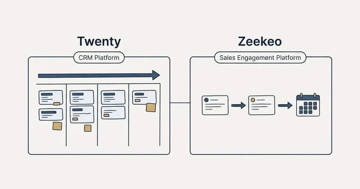 Side-by-side panels: Twenty vs Zeekeo (CRM Platform, Sales Engagement Platform)