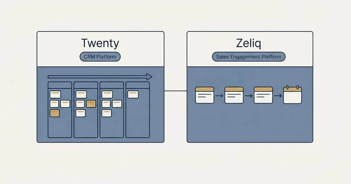 Side-by-side panels: Twenty vs Zeliq (CRM Platform, Sales Engagement Platform)