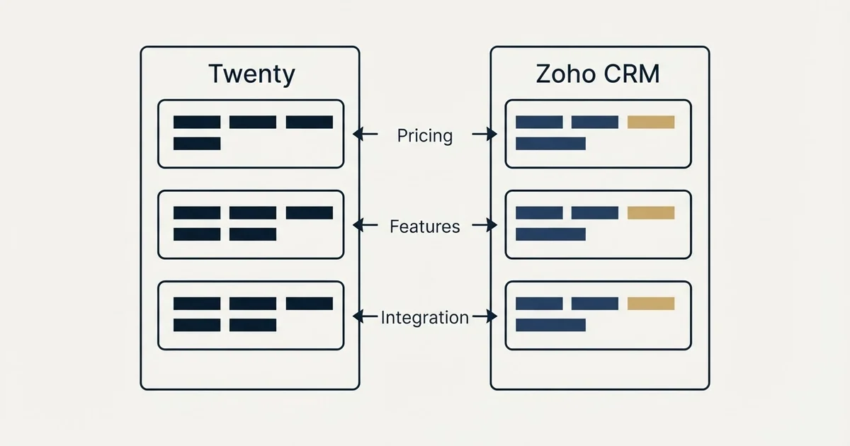 Comparison panel: Twenty vs Zoho CRM (Pricing, Features, Integration)