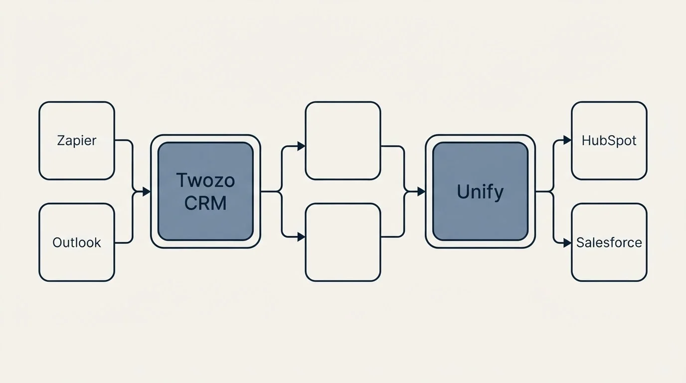 Integration schematic: Integration Ecosystem (Twozo CRM, Unify, Zapier, HubSpot)