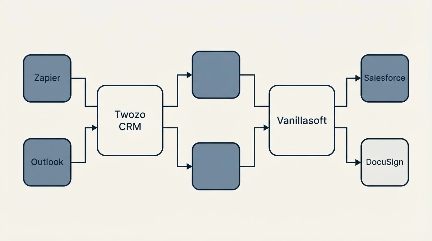 Integration flow: Integration Ecosystem (Twozo CRM, Vanillasoft, Zapier, Salesforce)