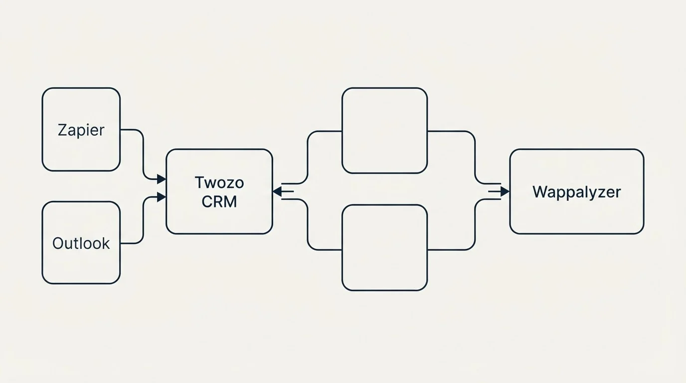 Integration schematic: Integration Ecosystem (Twozo CRM, Wappalyzer, Zapier, Outlook)
