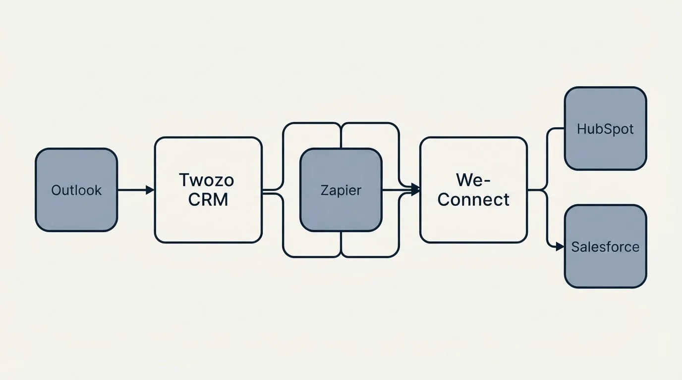 Integration schematic: Integration Ecosystem (Twozo CRM, We-Connect, Zapier, Outlook)