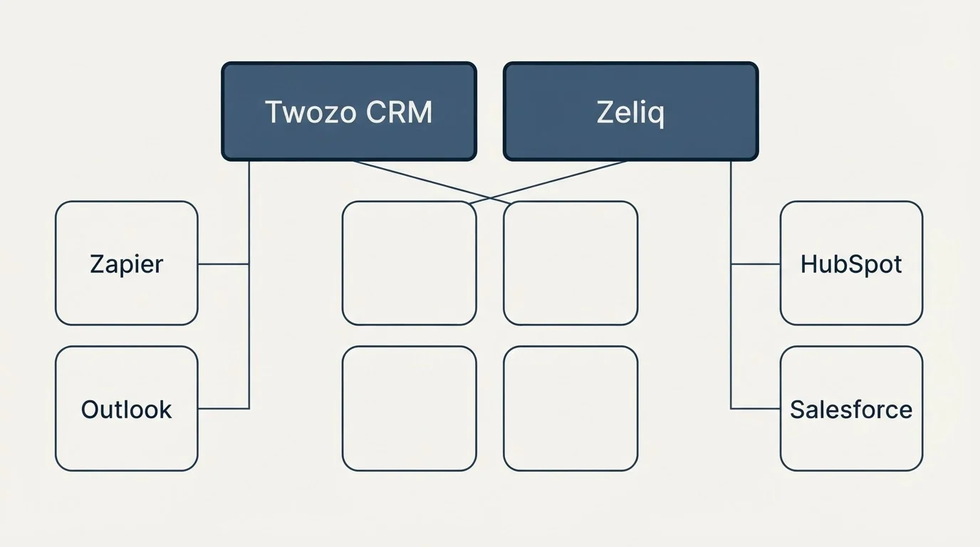 Integration grid: Integration Ecosystem (Twozo CRM, Zeliq, Zapier, HubSpot)