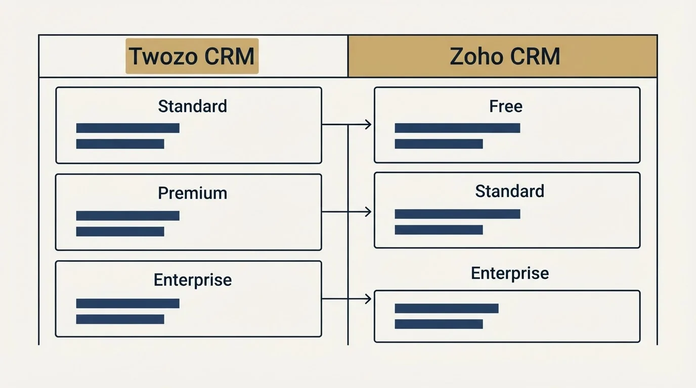 Pricing table: Pricing Comparison (Twozo CRM, Zoho CRM, Standard, Free)