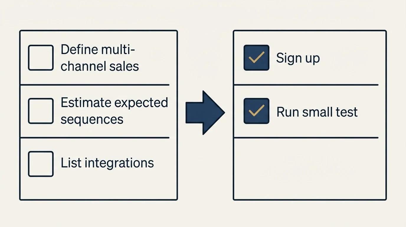 Before-and-after steps: Getting Started Checklist (Define multi-channel sales, Estimate expected sequences, List integrations, Sign up)