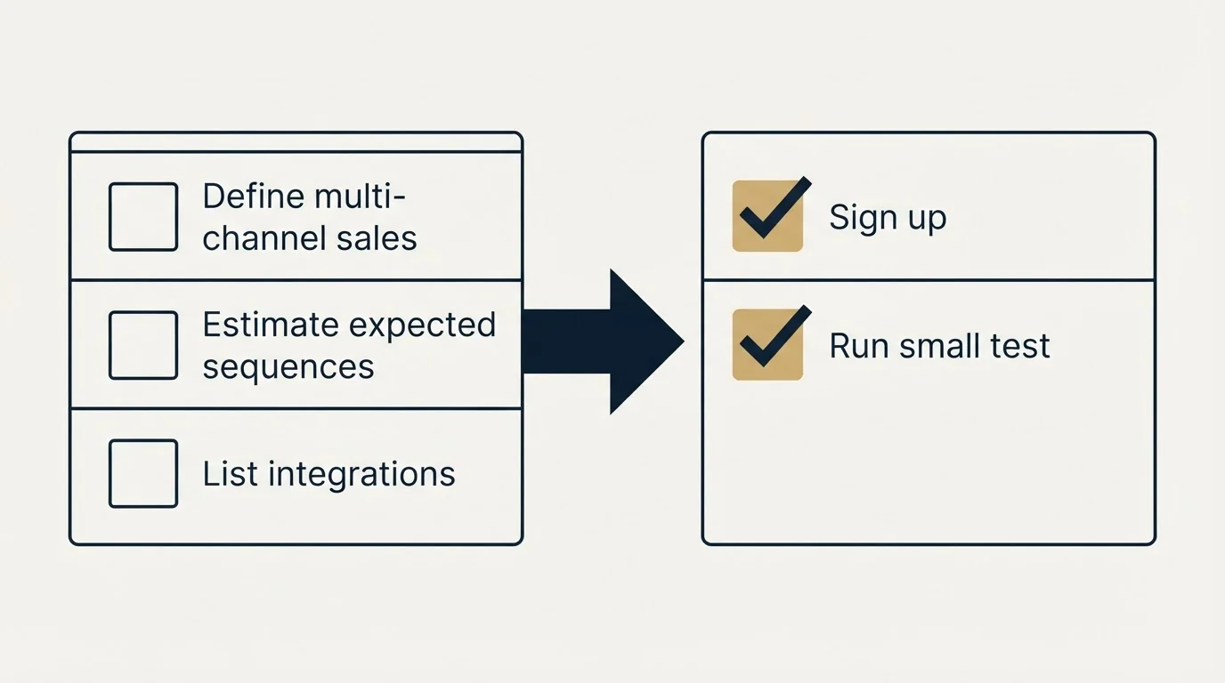 Before-and-after steps: Getting Started Checklist (Define multi-channel sales, Estimate expected sequences, List integrations, Sign up)