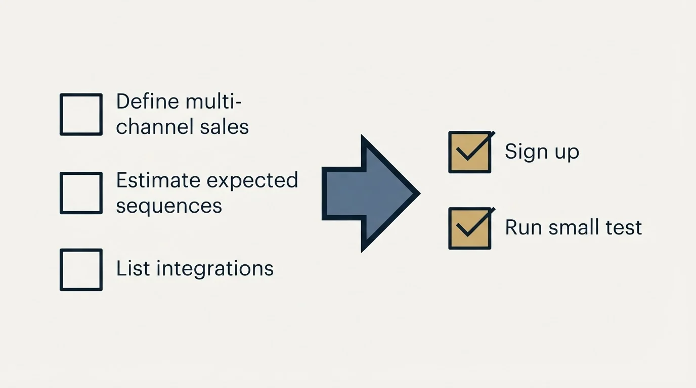 Before-and-after steps: Getting Started Checklist (Define multi-channel sales, Estimate expected sequences, List integrations, Sign up)