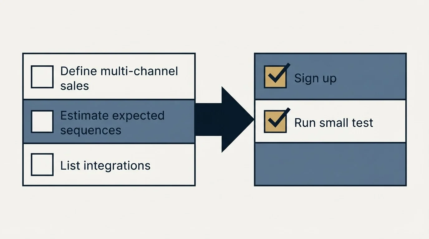 Before-and-after steps: Getting Started Checklist (Define multi-channel sales, Estimate expected sequences, List integrations, Sign up)