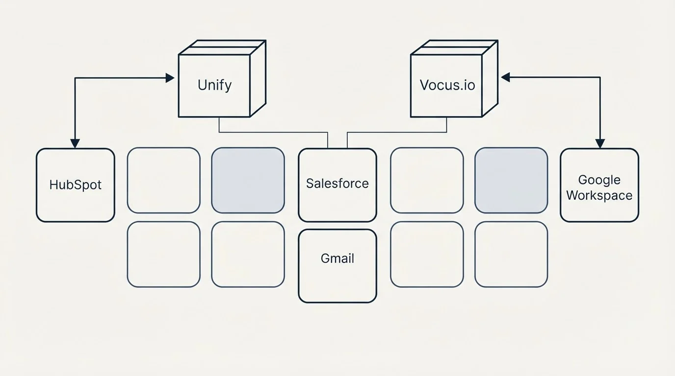 Integration grid: Integration Ecosystem (Unify, Vocus.io, Salesforce, Gmail)