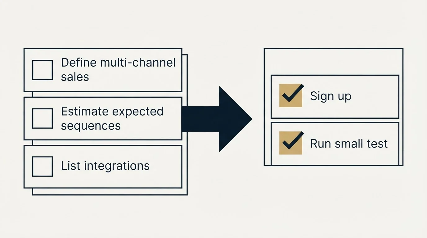 Before-and-after steps: Getting Started Checklist (Define multi-channel sales, Estimate expected sequences, List integrations, Sign up)