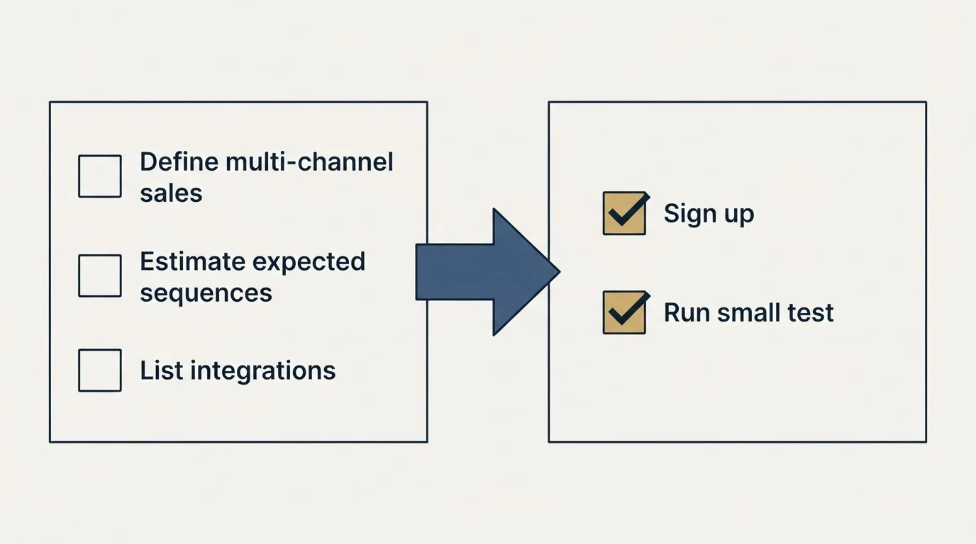 Before-and-after steps: Getting Started Checklist (Define multi-channel sales, Estimate expected sequences, List integrations, Sign up)