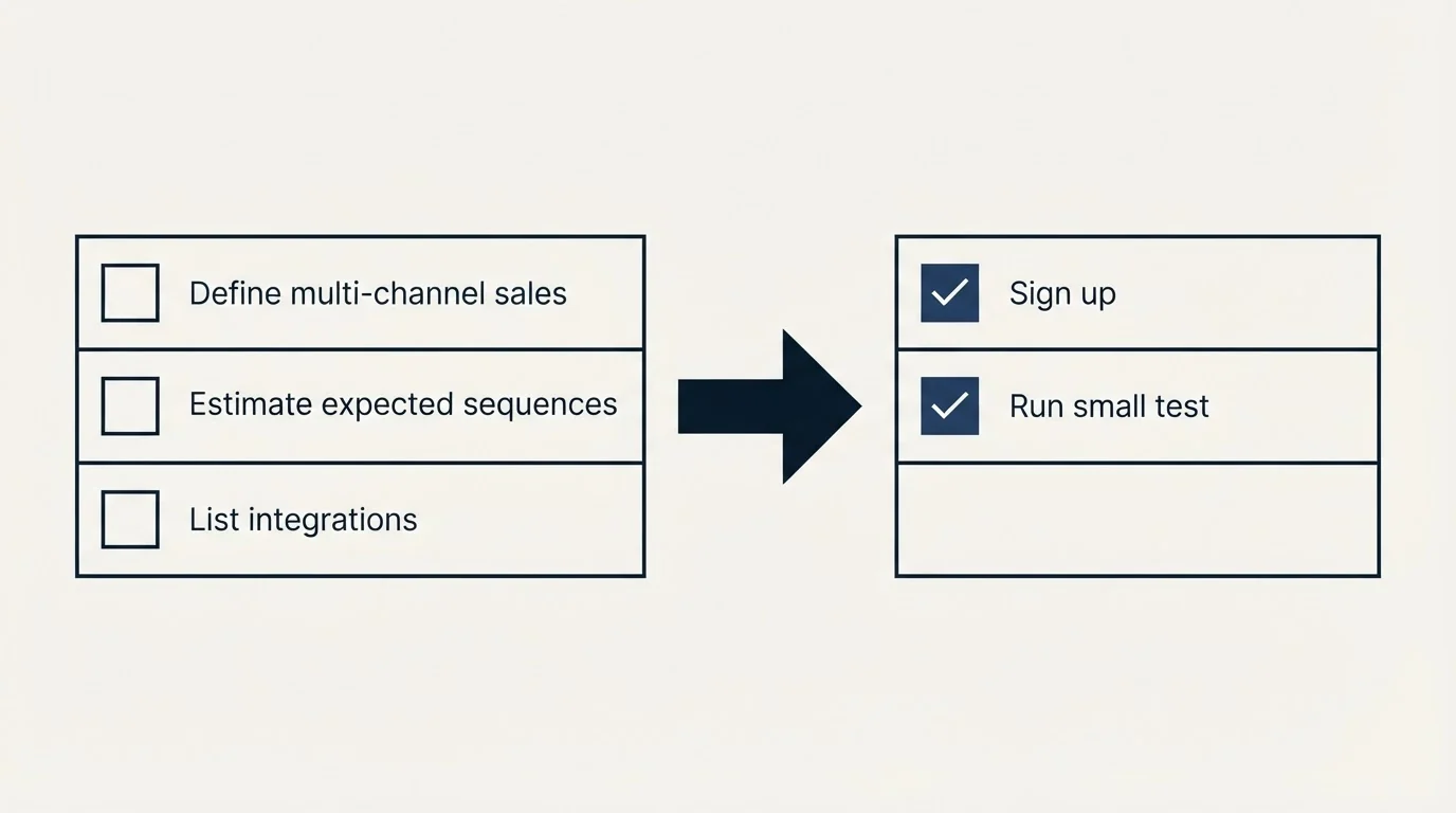 Before-and-after steps: Getting Started Checklist (Define multi-channel sales, Estimate expected sequences, List integrations, Sign up)