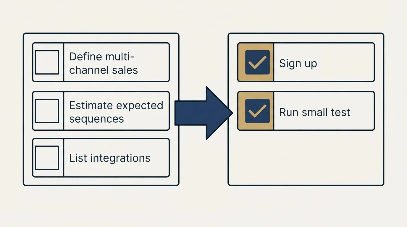 Before-and-after steps: Getting Started Checklist (Define multi-channel sales, Estimate expected sequences, List integrations, Sign up)