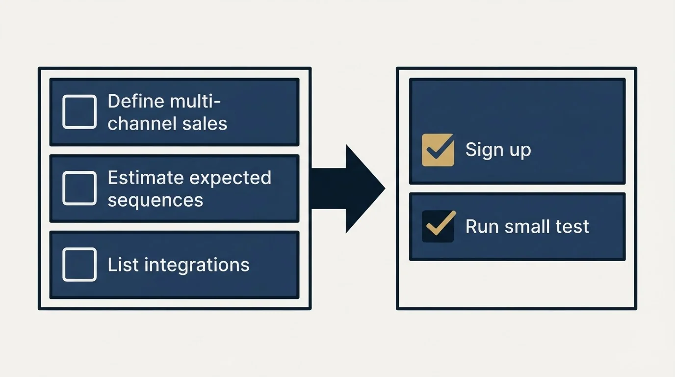 Before-and-after steps: Getting Started Checklist (Define multi-channel sales, Estimate expected sequences, List integrations, Sign up)