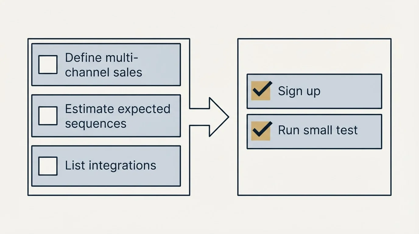 Before-and-after steps: Getting Started Checklist (Define multi-channel sales, Estimate expected sequences, List integrations, Sign up)