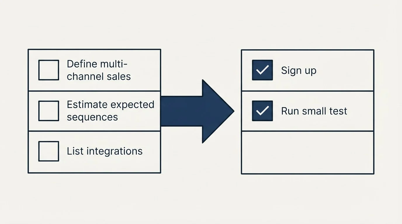 Before-and-after steps: Getting Started Checklist (Define multi-channel sales, Estimate expected sequences, List integrations, Sign up)