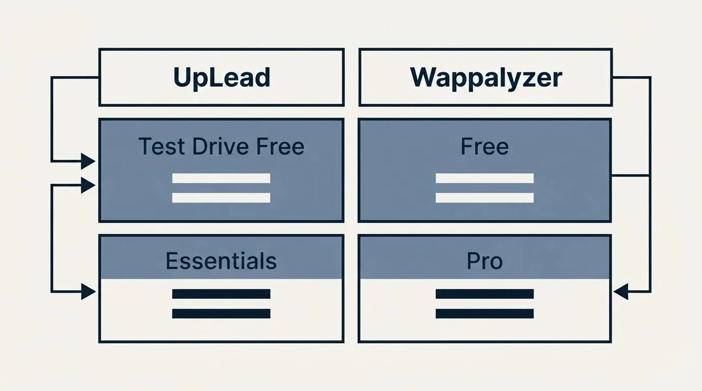 Pricing table: Pricing Comparison (UpLead, Wappalyzer, Test Drive Free, Free)