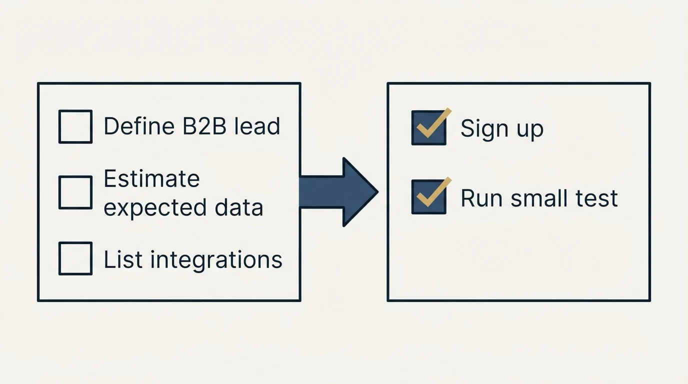 Before-and-after steps: Getting Started Checklist (Define B2B lead, Estimate expected data, List integrations, Sign up)