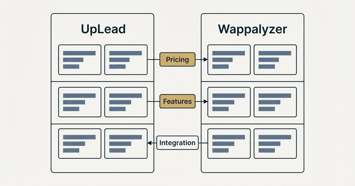 Comparison panel: UpLead vs Wappalyzer (Pricing, Features, Integration)