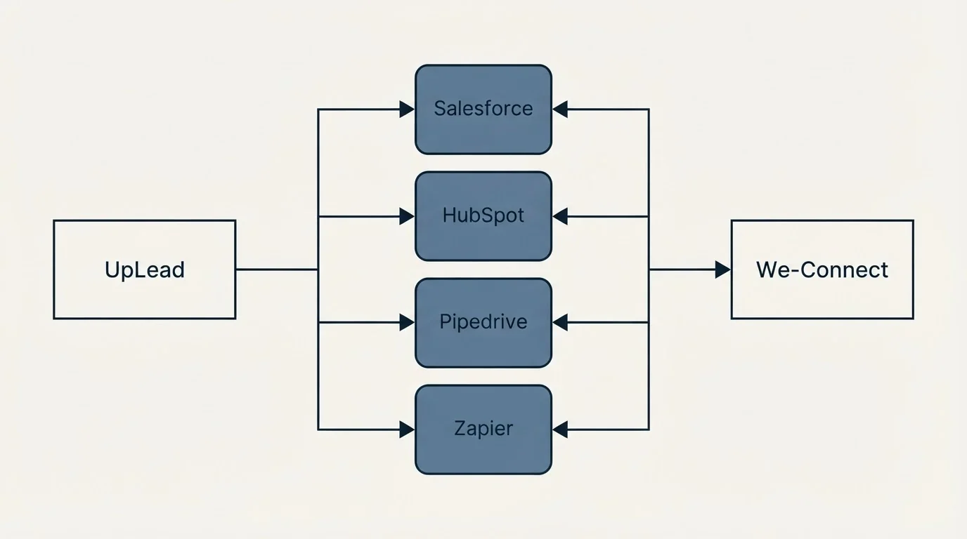 Integration flow: Integration Ecosystem (UpLead, We-Connect, Salesforce, HubSpot)