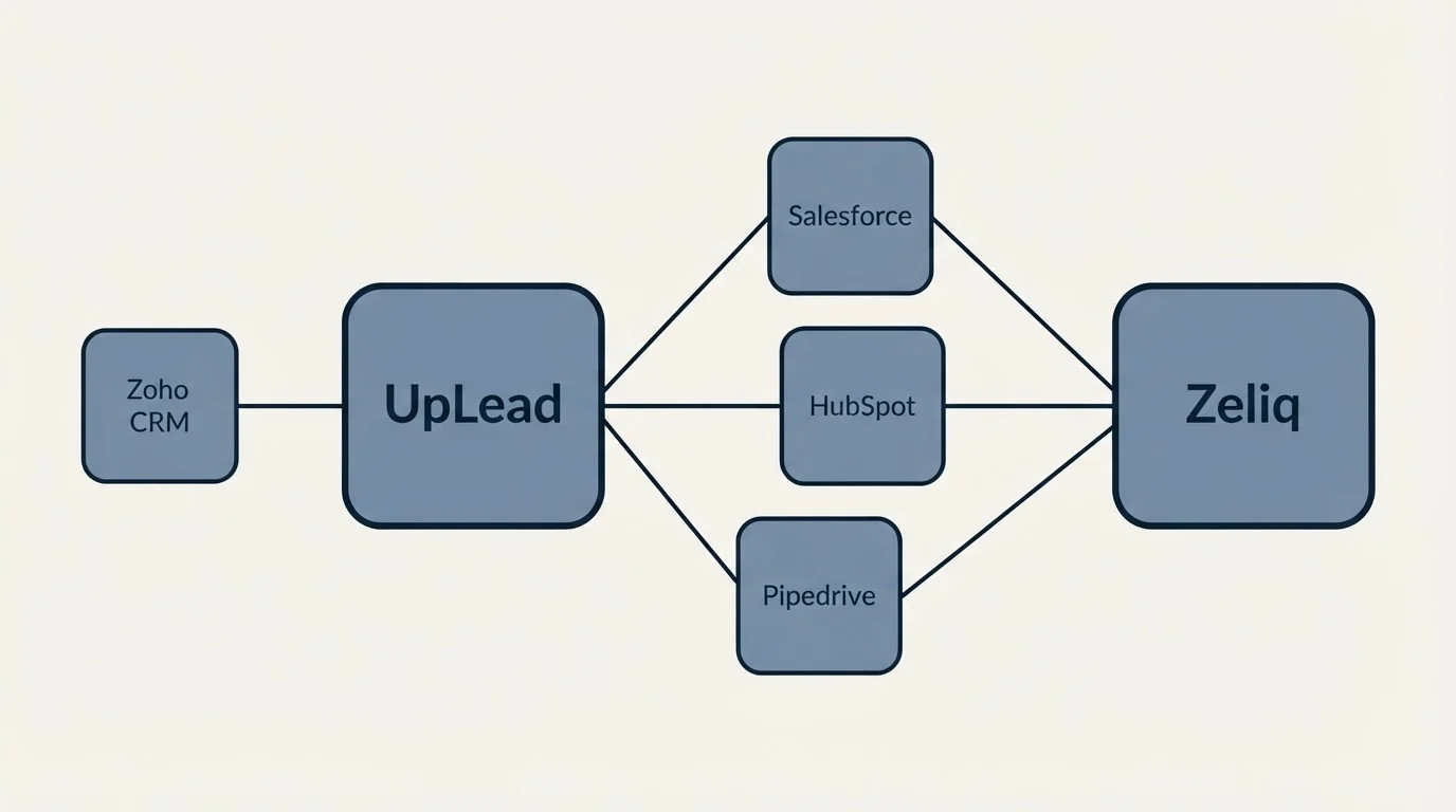 Integration schematic: Integration Ecosystem (UpLead, Zeliq, Salesforce, HubSpot)