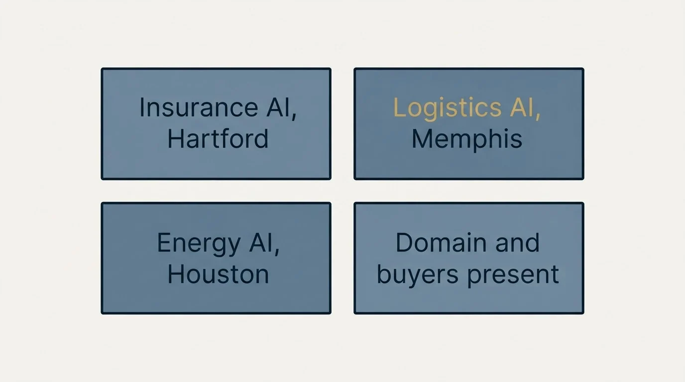 Schematic: What This Predicts (Insurance AI, Hartford, Logistics AI, Memphis, Energy AI, Houston, Domain and buyers present)