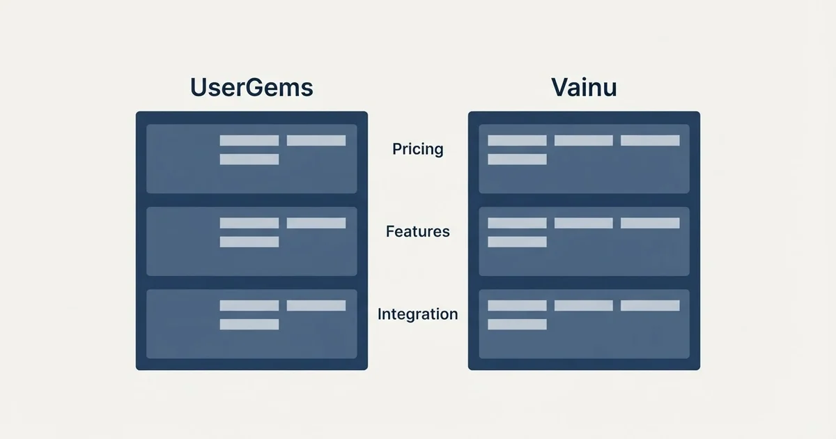 Comparison panel: UserGems vs Vainu (Pricing, Features, Integration)