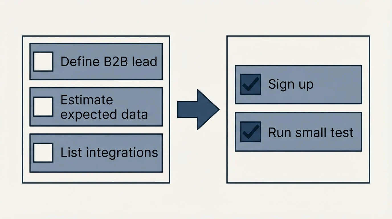 Before-and-after steps: Getting Started Checklist (Define B2B lead, Estimate expected data, List integrations, Sign up)