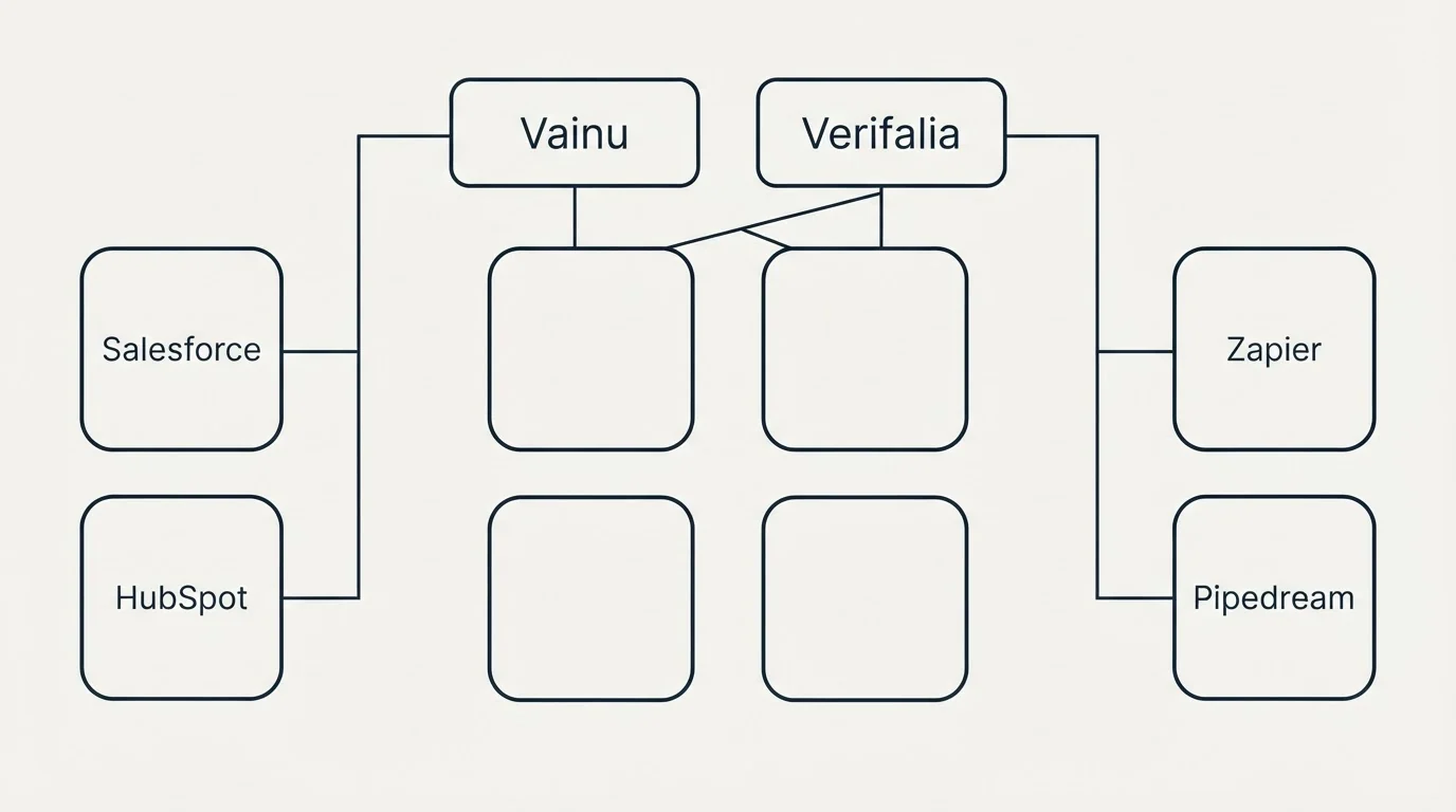 Integration grid: Integration Ecosystem (Vainu, Verifalia, Salesforce, Zapier)