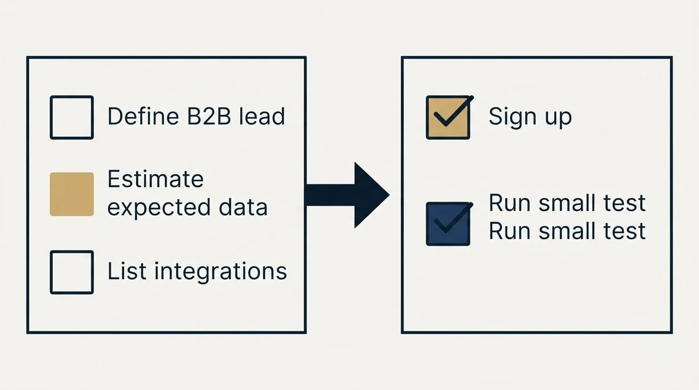Before-and-after steps: Getting Started Checklist (Define B2B lead, Estimate expected data, List integrations, Sign up)