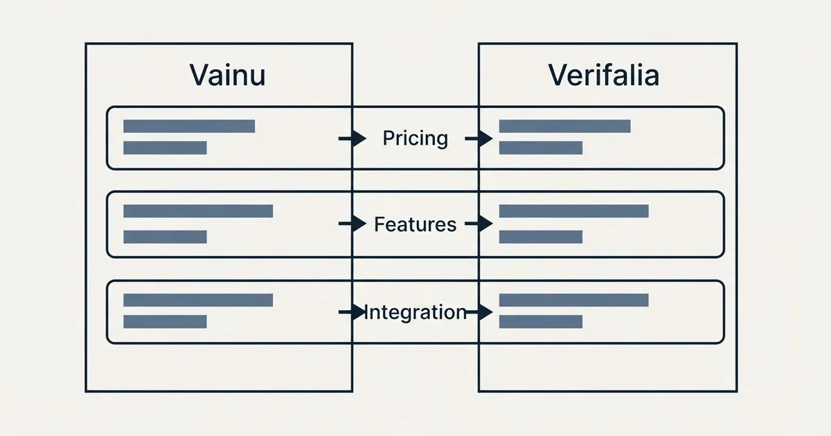 Comparison panel: Vainu vs Verifalia (Pricing, Features, Integration)