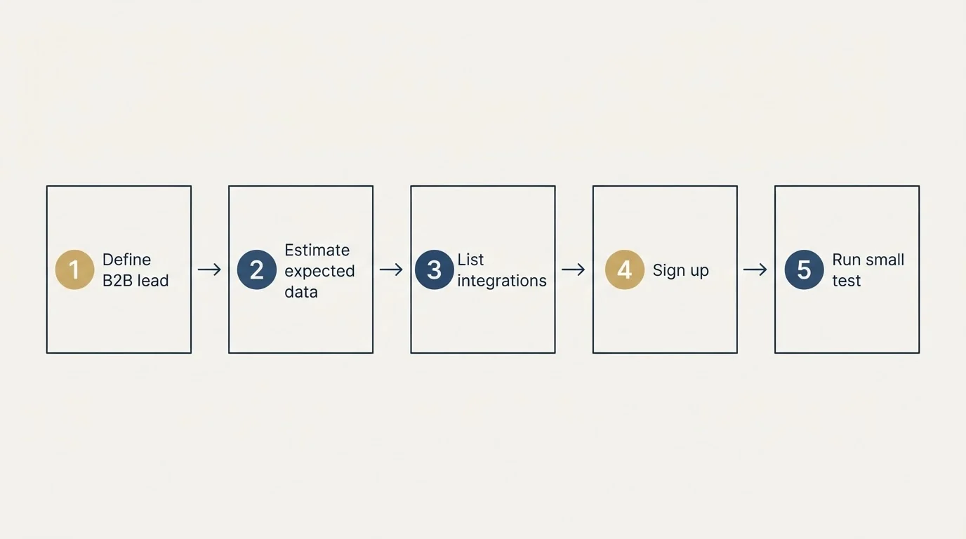 Step sequence: Getting Started Checklist (Define B2B lead, Estimate expected data, List integrations, Sign up)