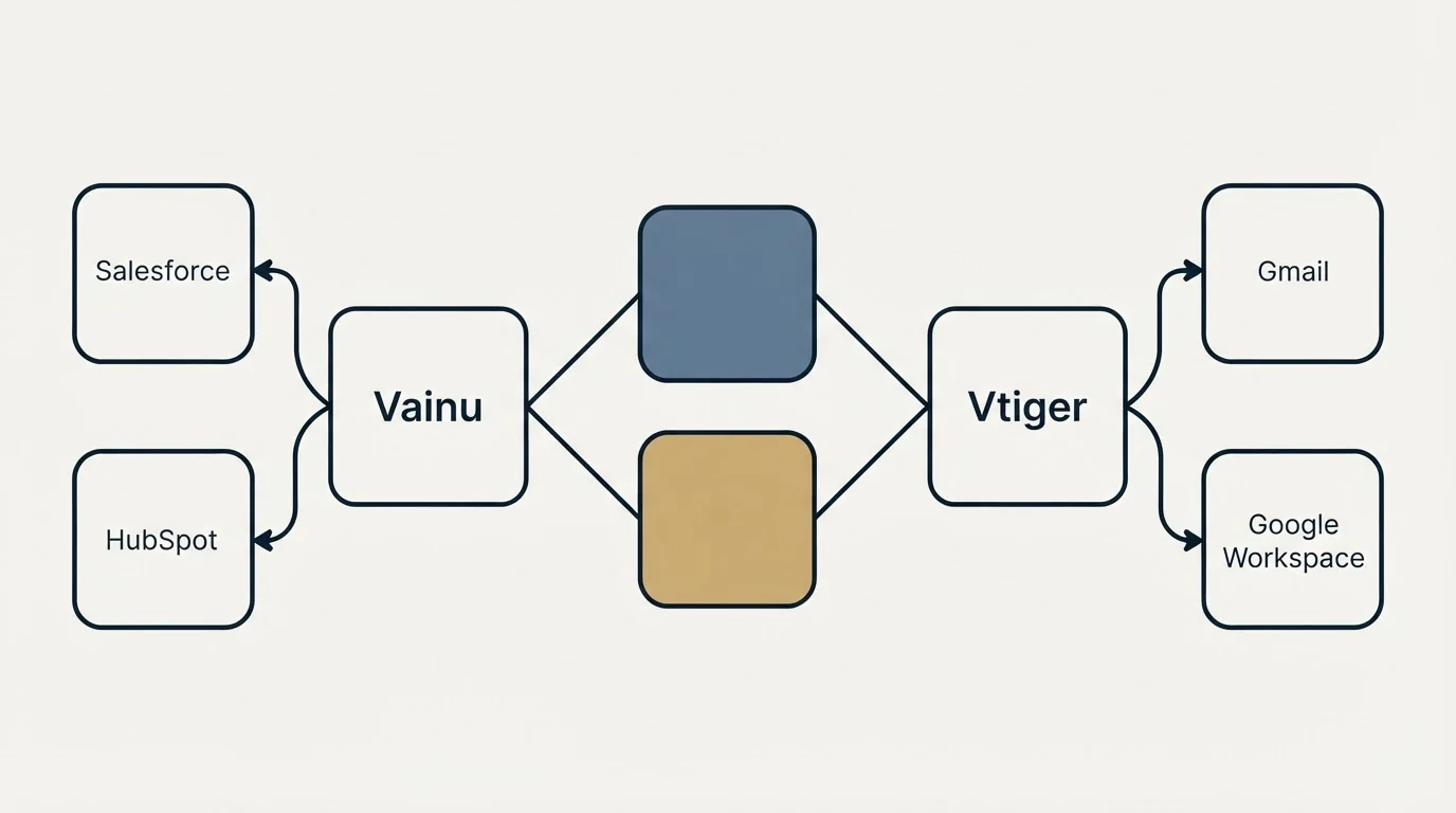 Integration schematic: Integration Ecosystem (Vainu, Vtiger, Salesforce, Gmail)