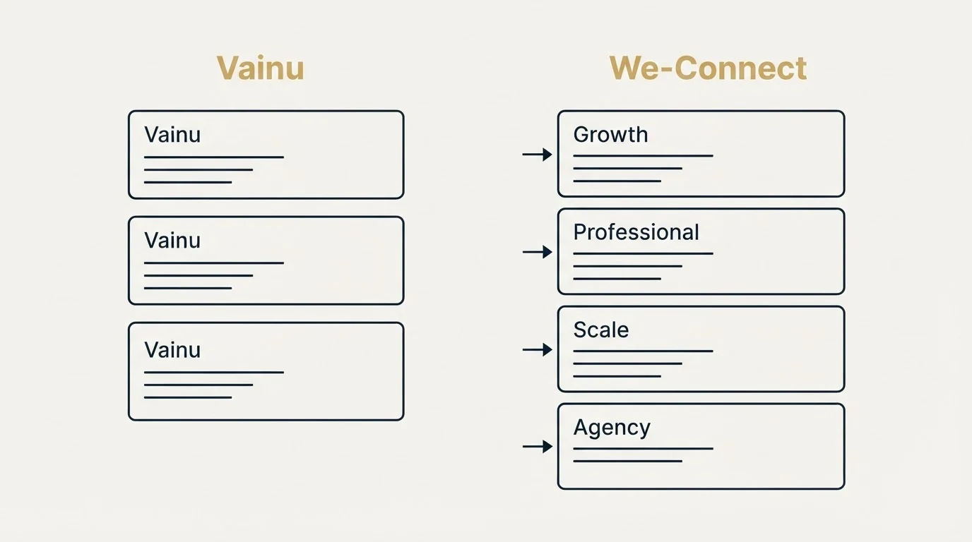 Pricing panels: Pricing Comparison (Vainu, We-Connect, Growth, Professional)