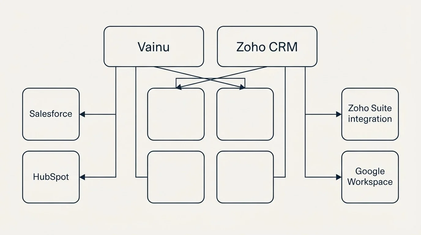 Integration grid: Integration Ecosystem (Vainu, Zoho CRM, Salesforce, Zoho Suite integration)