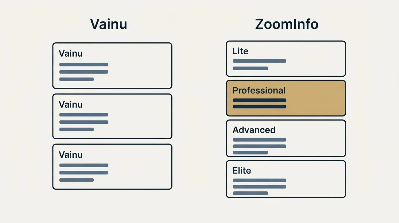 Pricing panels: Pricing Comparison (Vainu, ZoomInfo, Lite, Professional)