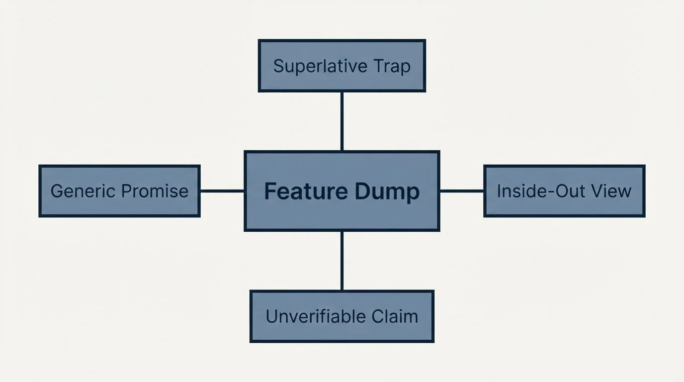 Schematic: Common Value Proposition Mistakes (Feature Dump, Superlative Trap, Generic Promise, Inside-Out View)