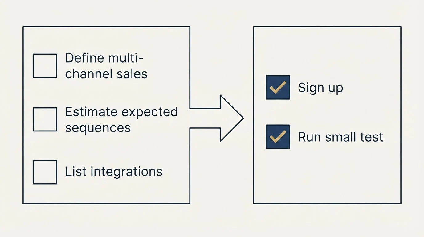 Before-and-after steps: Getting Started Checklist (Define multi-channel sales, Estimate expected sequences, List integrations, Sign up)