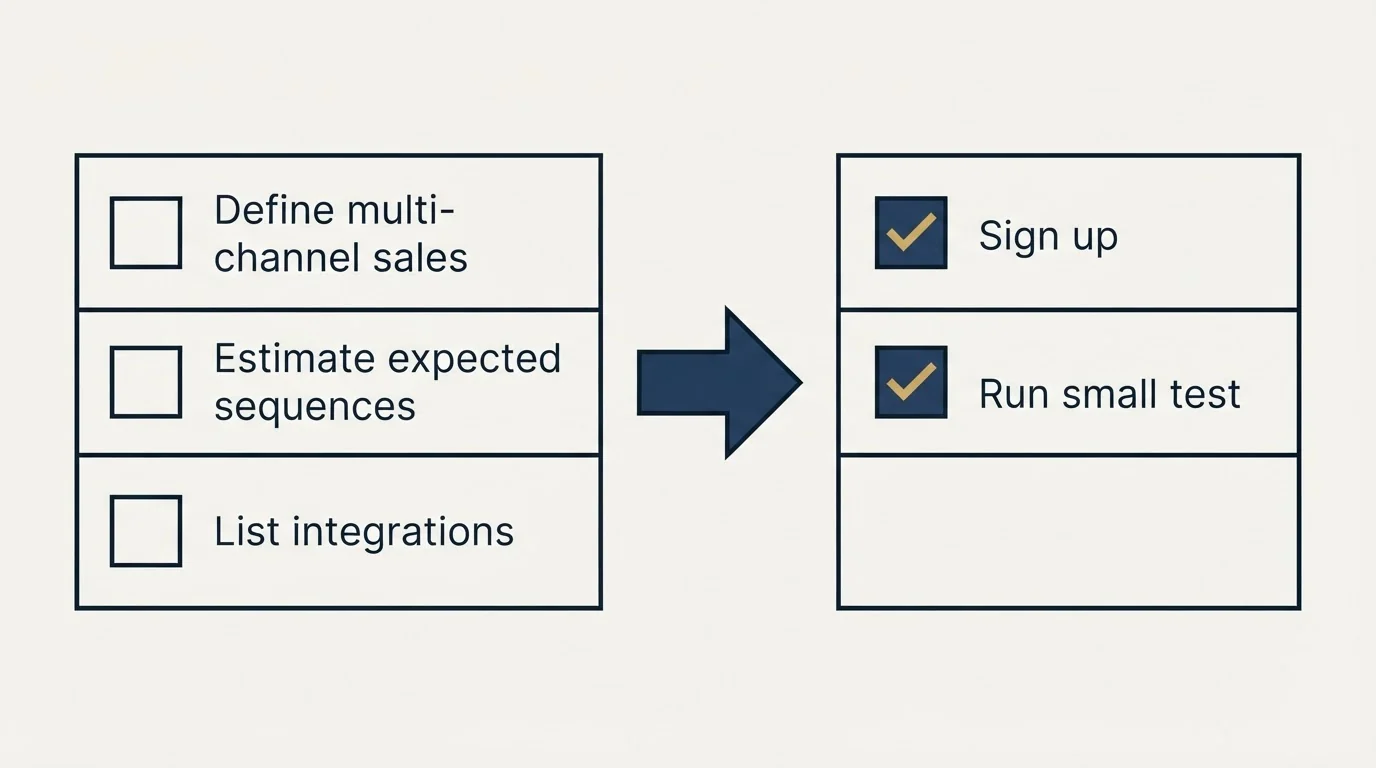Before-and-after steps: Getting Started Checklist (Define multi-channel sales, Estimate expected sequences, List integrations, Sign up)