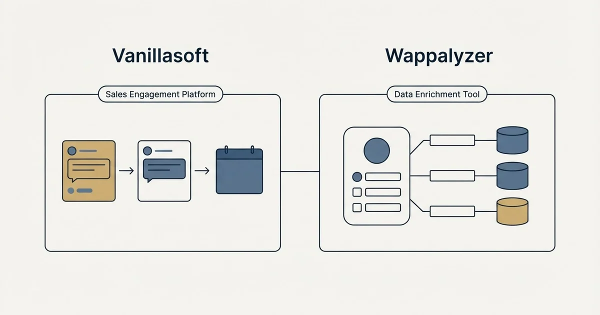 Side-by-side panels: Vanillasoft vs Wappalyzer (Sales Engagement Platform, Data Enrichment Tool)